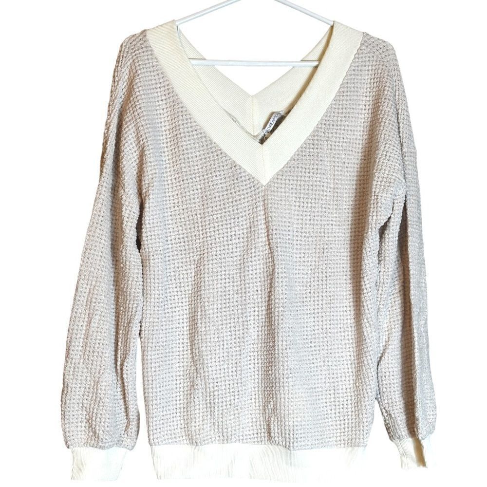ADREAMLY Cozy Long Sleeve‎ Waffle Knit V-Neck Cream Sweater NWT 📦